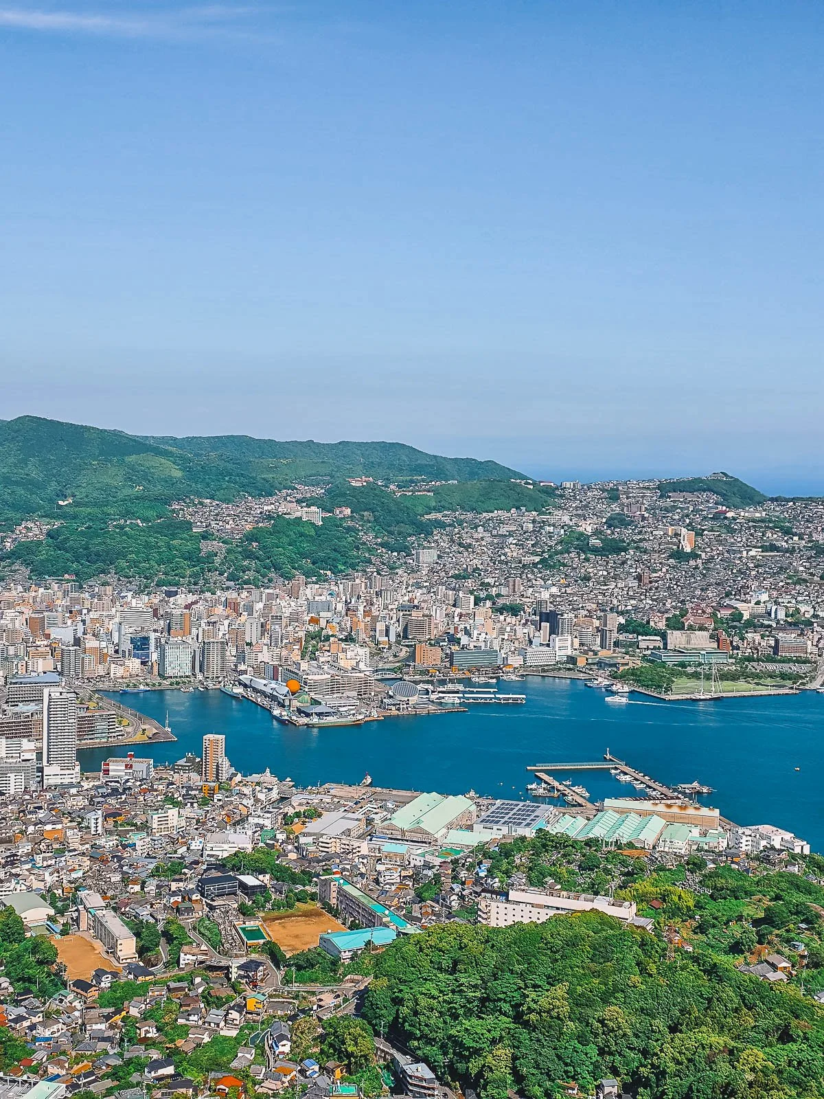 Looking down from a viewpoint on a harbour surrounded by buidlings and green hills