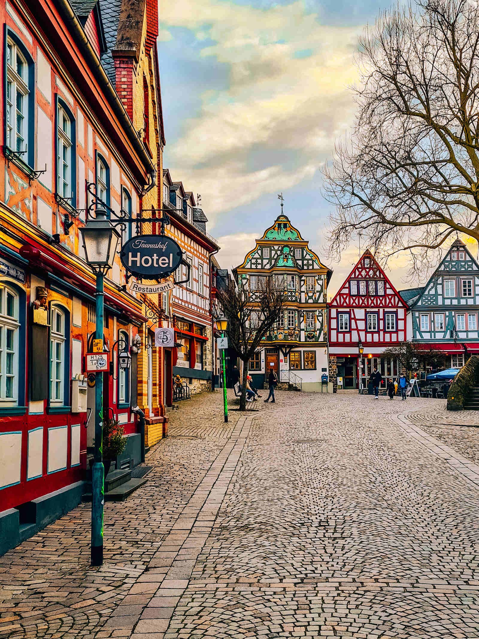 Cobbled streets with many ornately coloured buildings in Germany