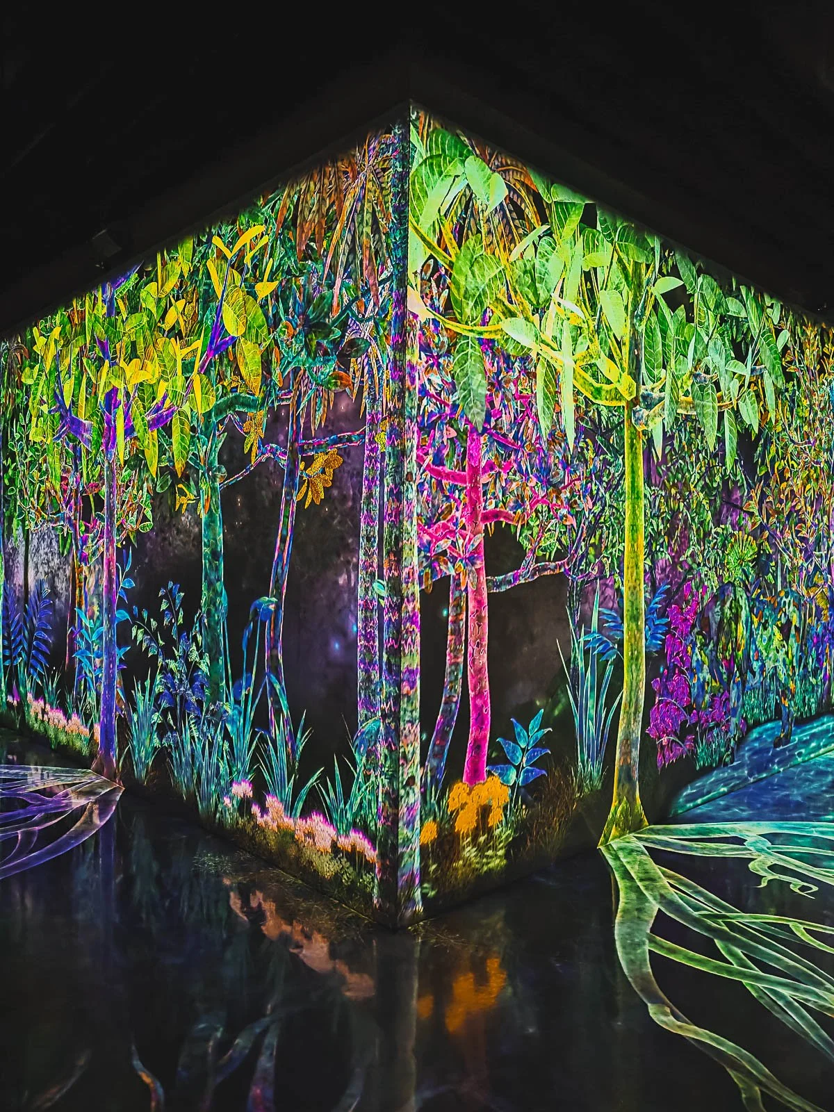 A colourful vibrant digital wall with many trees and plants displayed on the wall