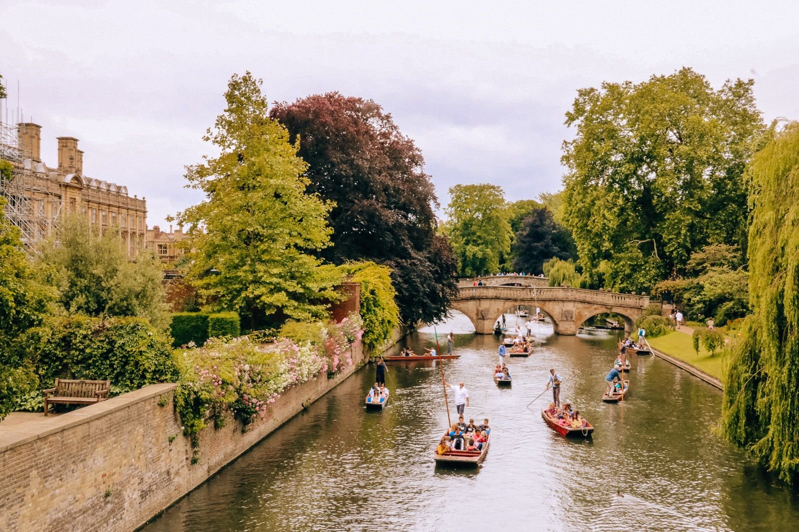 several boats punting on the River Cam in Cambridge