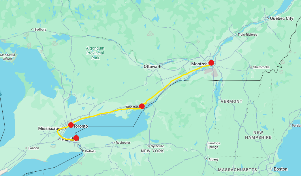 A map of a Canada rail itinerary showing a route from Niagara Falls to Toronto to Kingston to Montreal