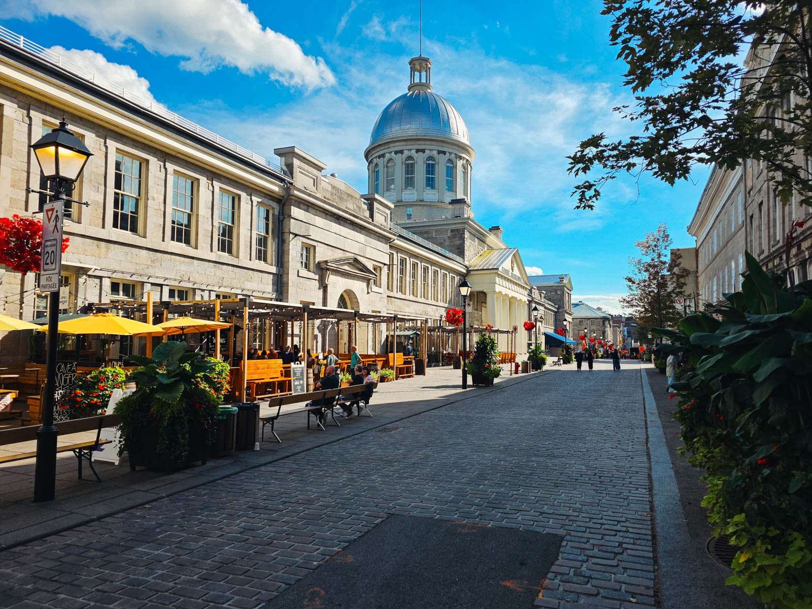 a cobbled street with old style black street lamps with pink flower hanging baskets on them and people walking along the pavement. On the far side of the road is a grand limestone building with a silver dome in Old Montreal