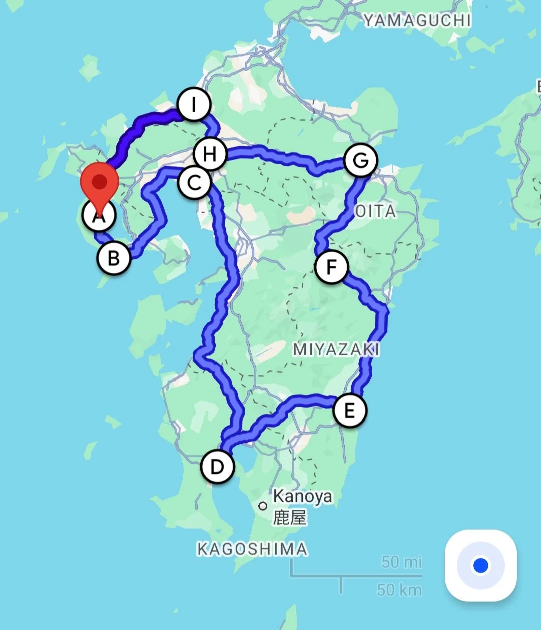 An image of a map of Kyushu with a blue line representing the route taken on a Kyushu road trip itinerary