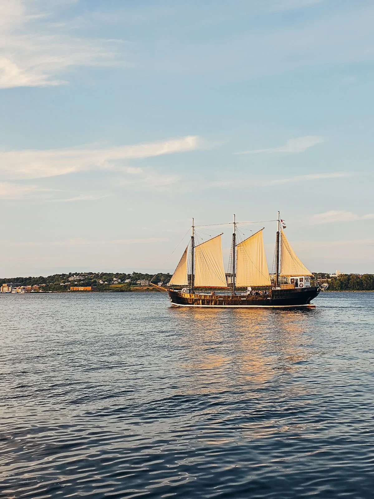 A large old sailboat with tall white masts sailing during the sunset
