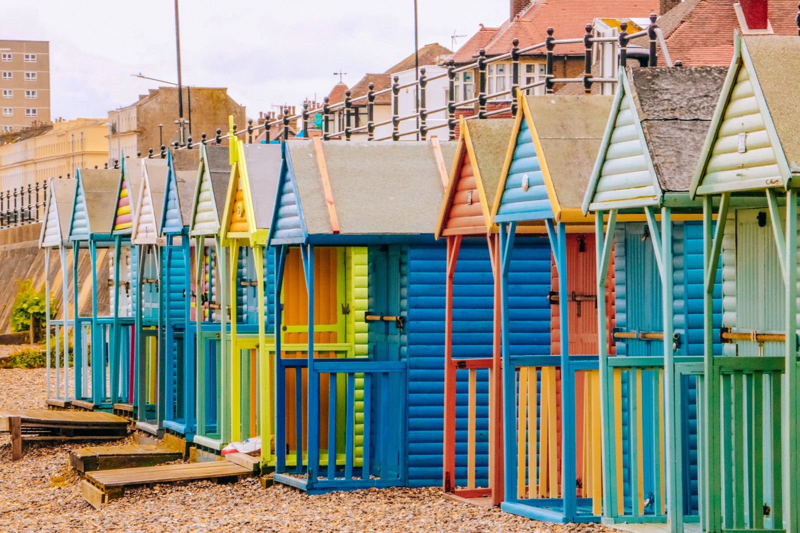 colourful beach huts on the beachfront in Whitstable