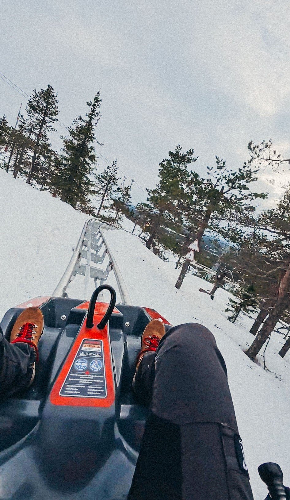 A first person view of an alpine coaster rolling down a track which is surrounded by snow and trees