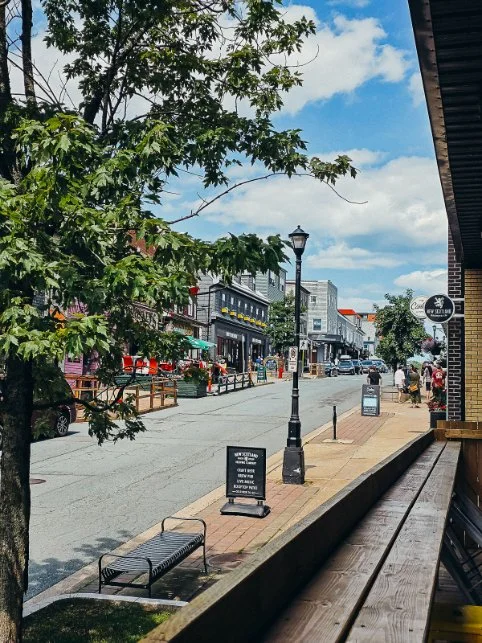 Many shops and bars lining a large street  in Dartmouth