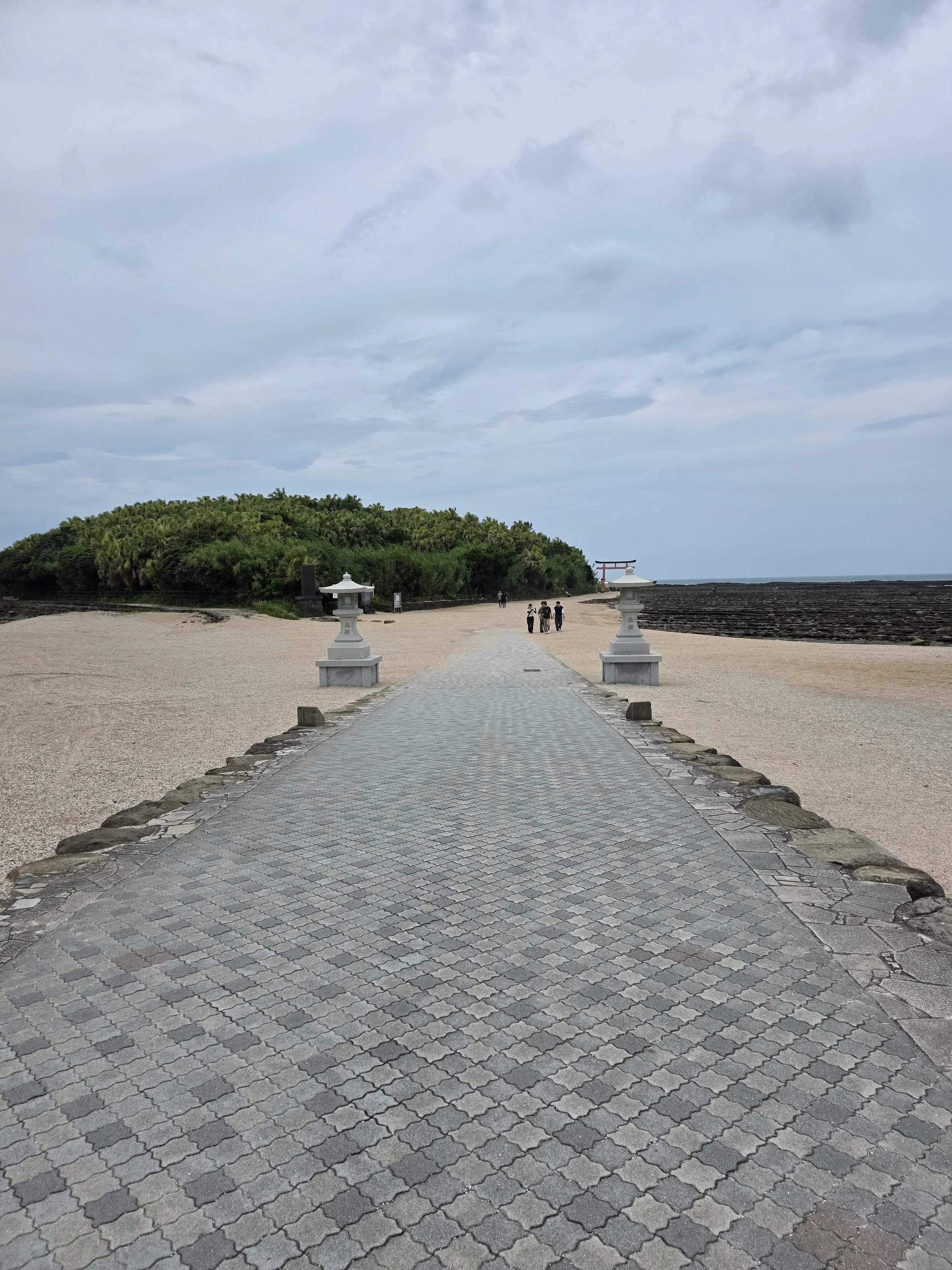 a pavved path leading to a sandy beach and island with trees