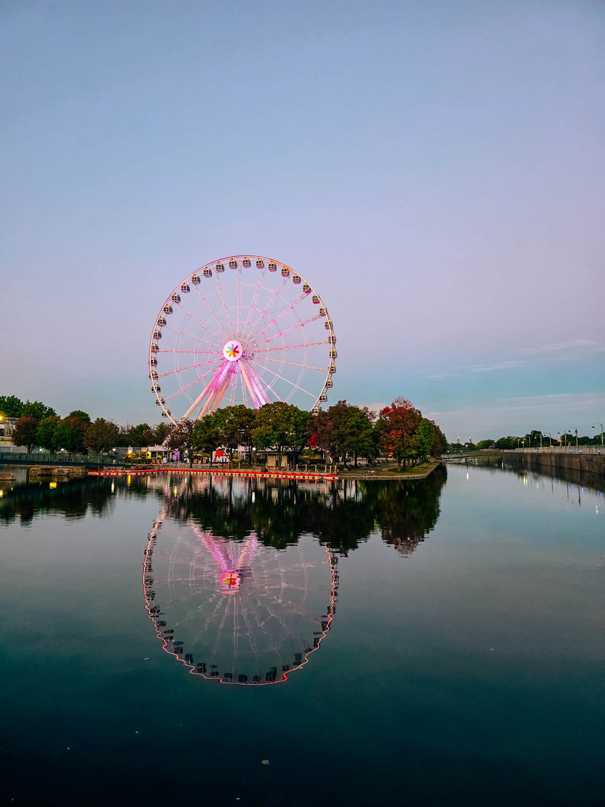 A large ferris wheel lit up pink at dusk is reflected in the water around it