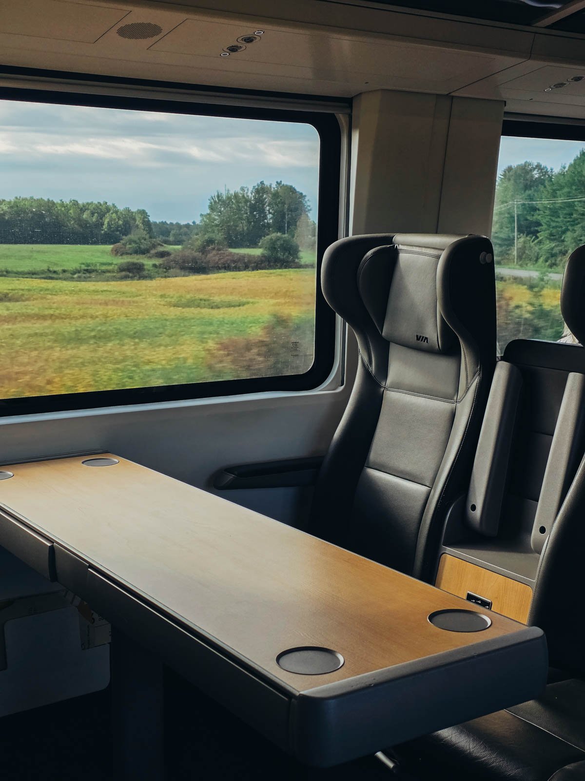 A train table and seat in business class on VIA  Rail with dark grey leather chairs and a wide table with cup holders. A lush green landscape is out the window