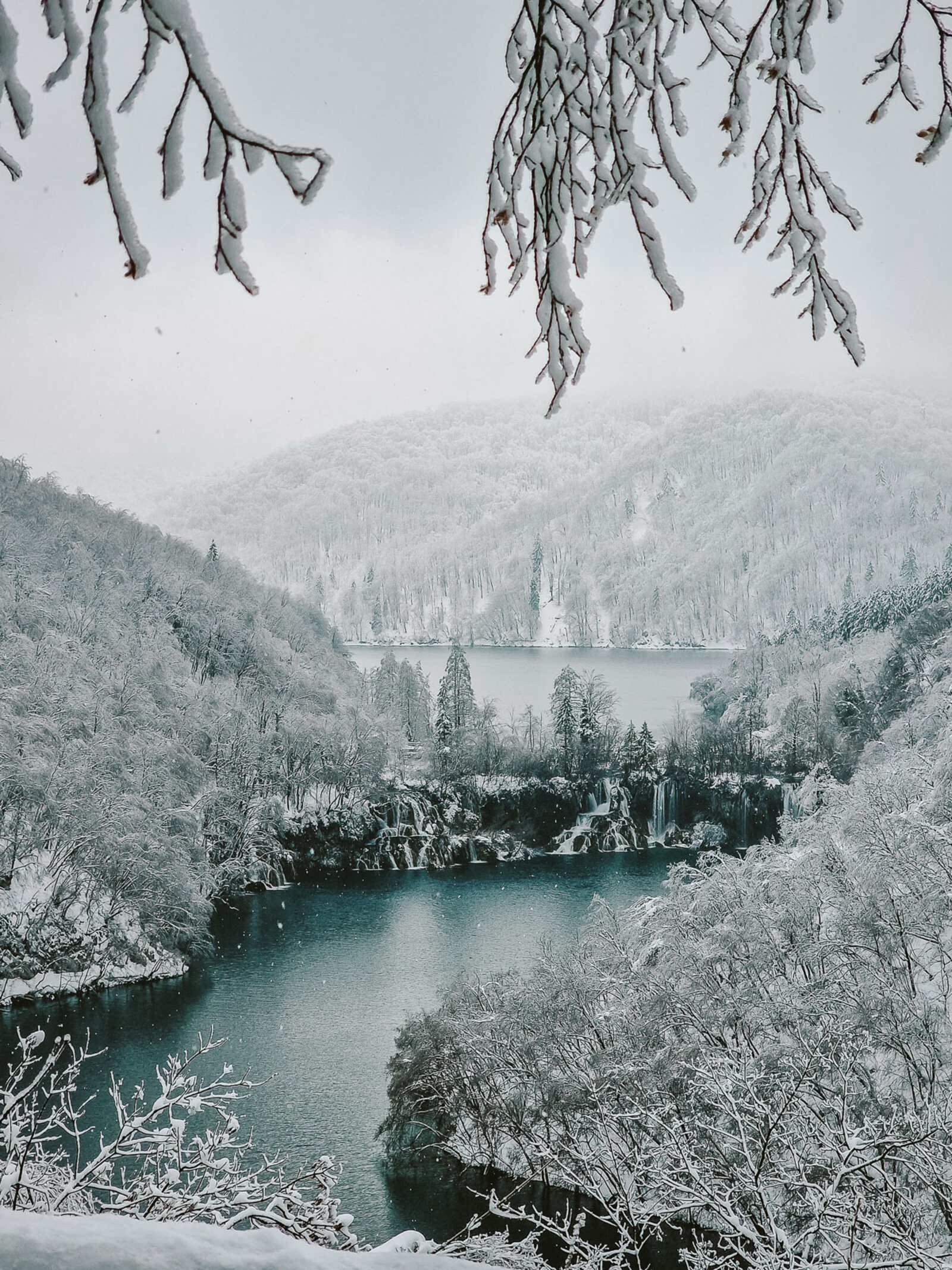 View looking out from a platform with snow covered tree branches hanging down, there is a blue lake with waterfall and hills either side of the canyon covered in snowy trees and low cloud