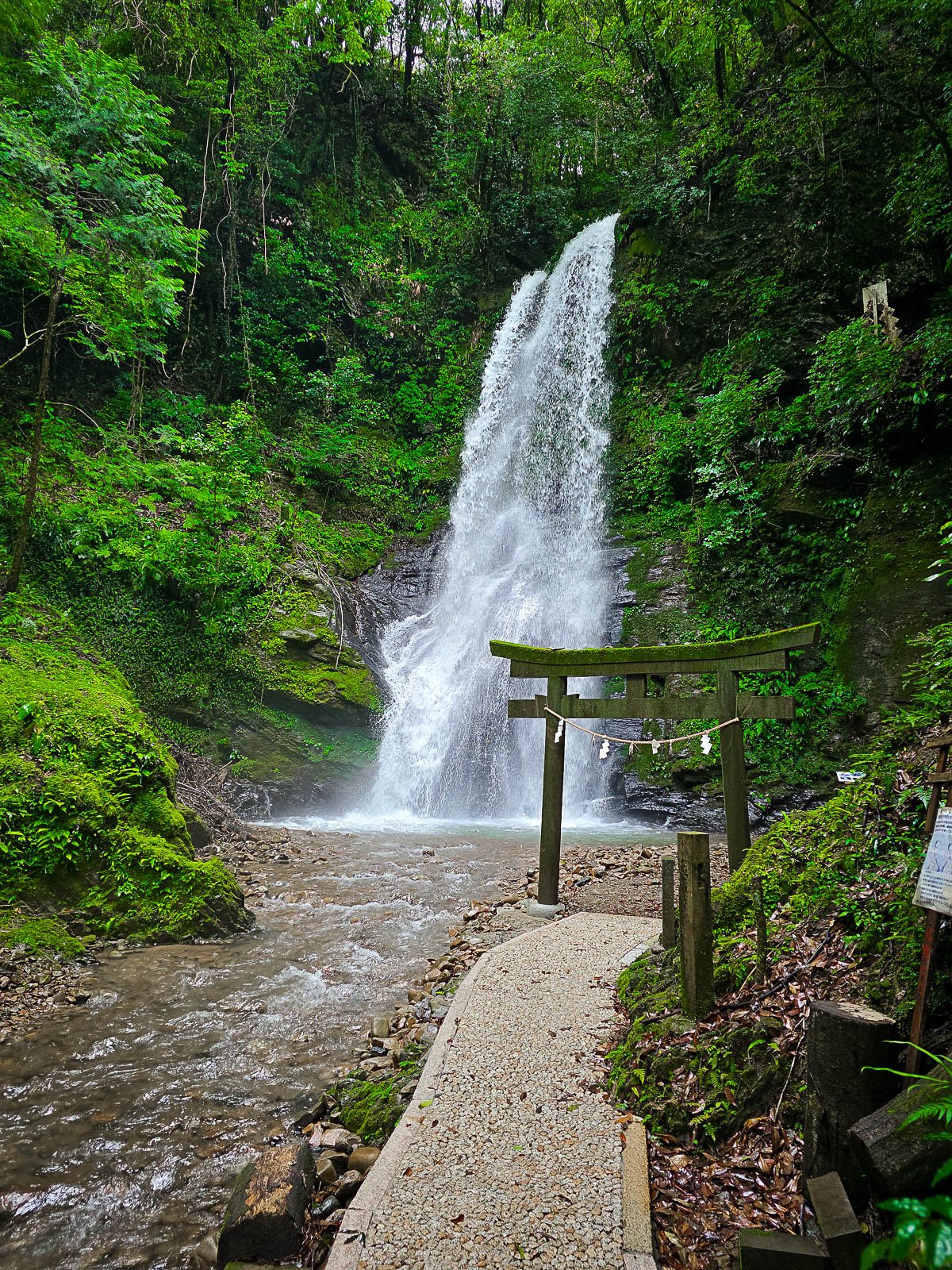 Looking down a stone path running a lot a small river that leads to a single torii gate framing a roaring waterfall from the high surrounding lush green cliffs above