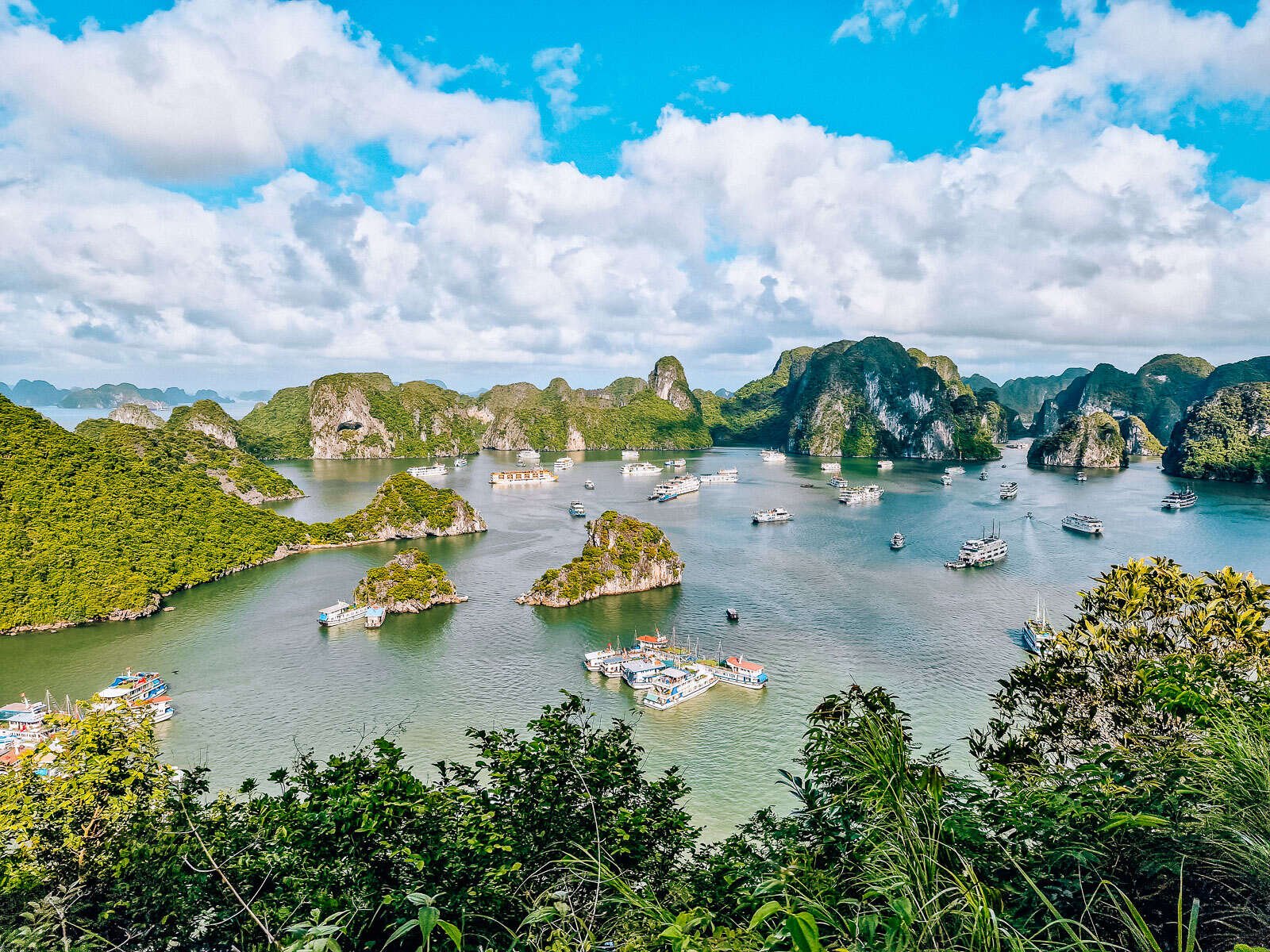 Aerial view of Ha Long Bay with boats in the water