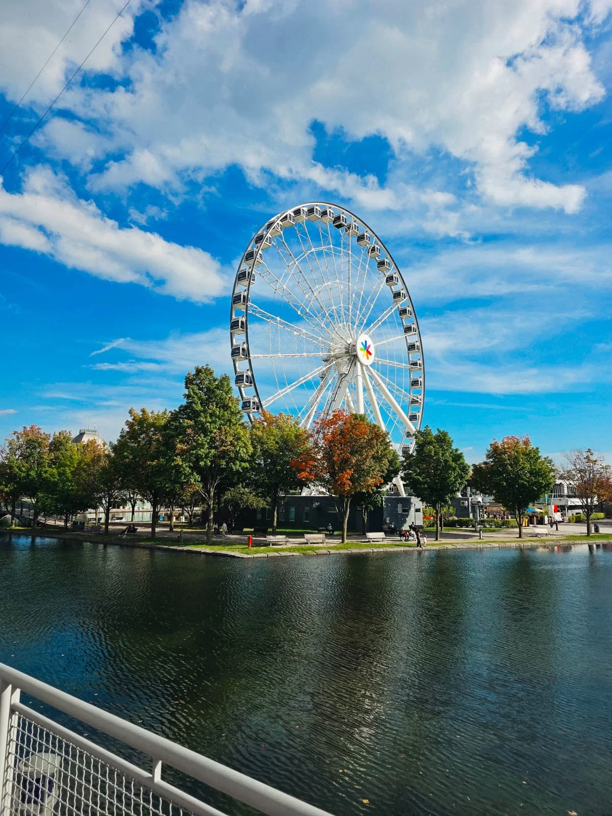 A large ferris wheel in Montréal surrounded by trees and water