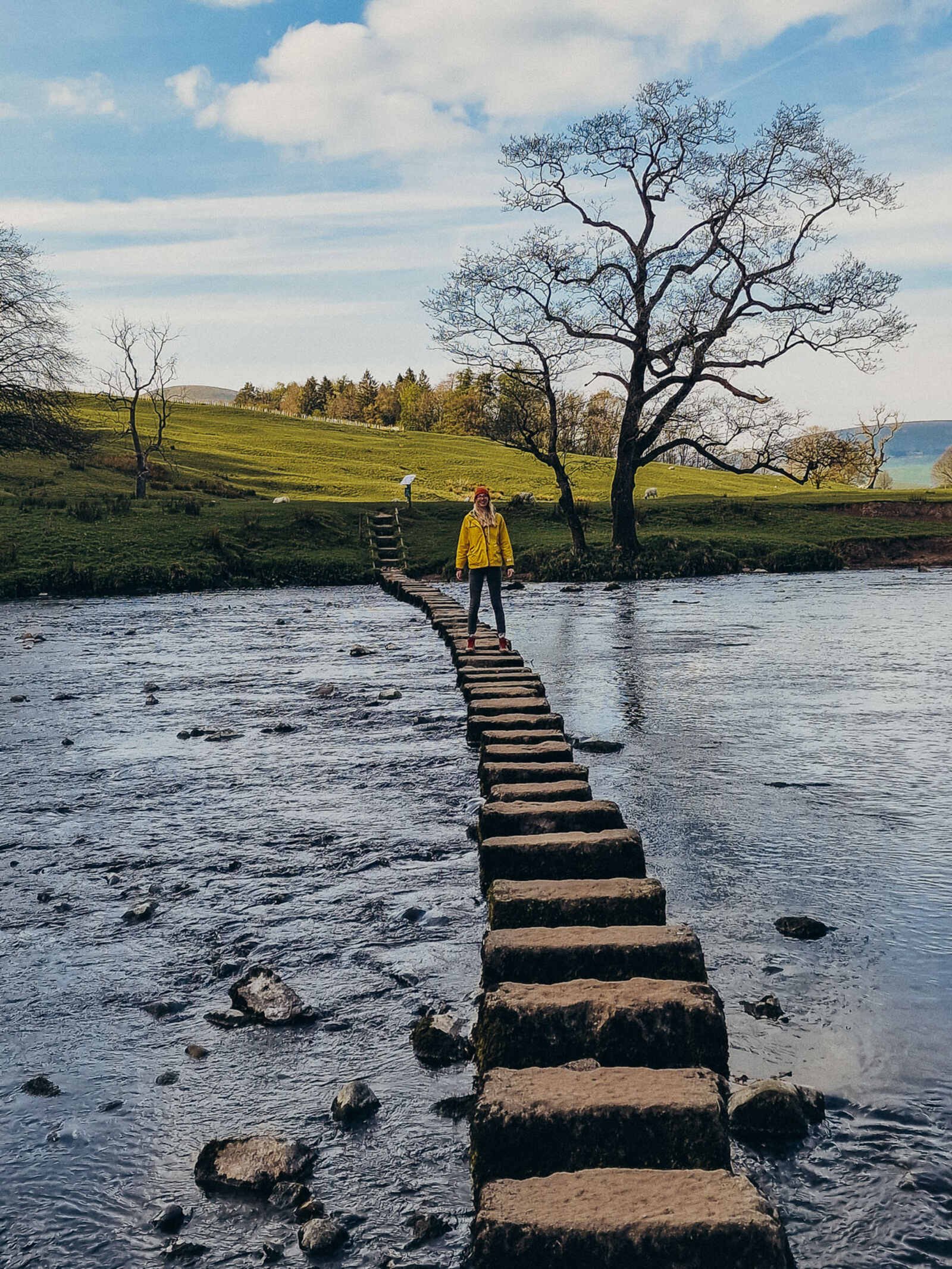 crossing over a long series of stepping stones across a river to a green field beyond