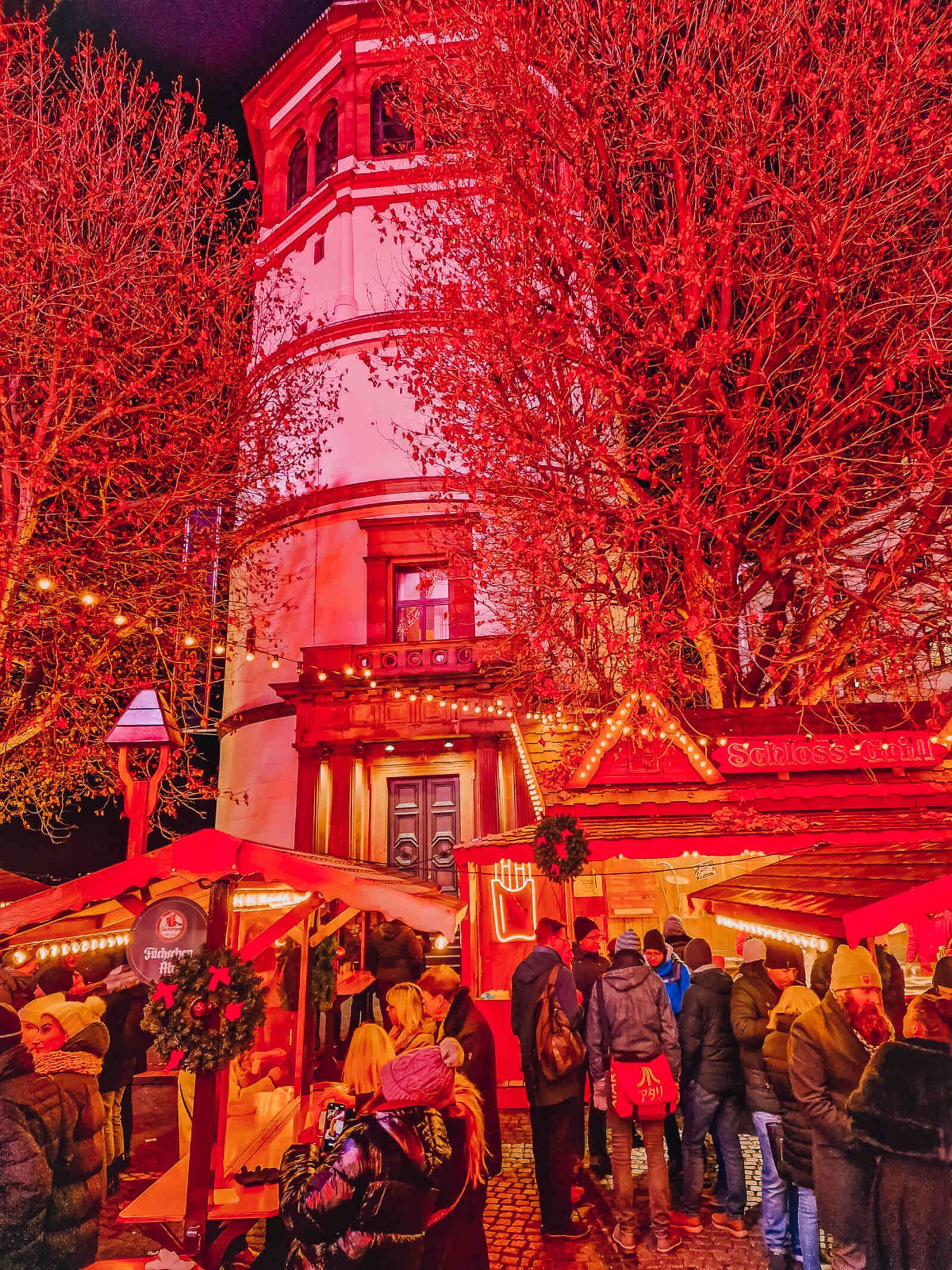 Bright red lights at the Dusseldorf Christmas market