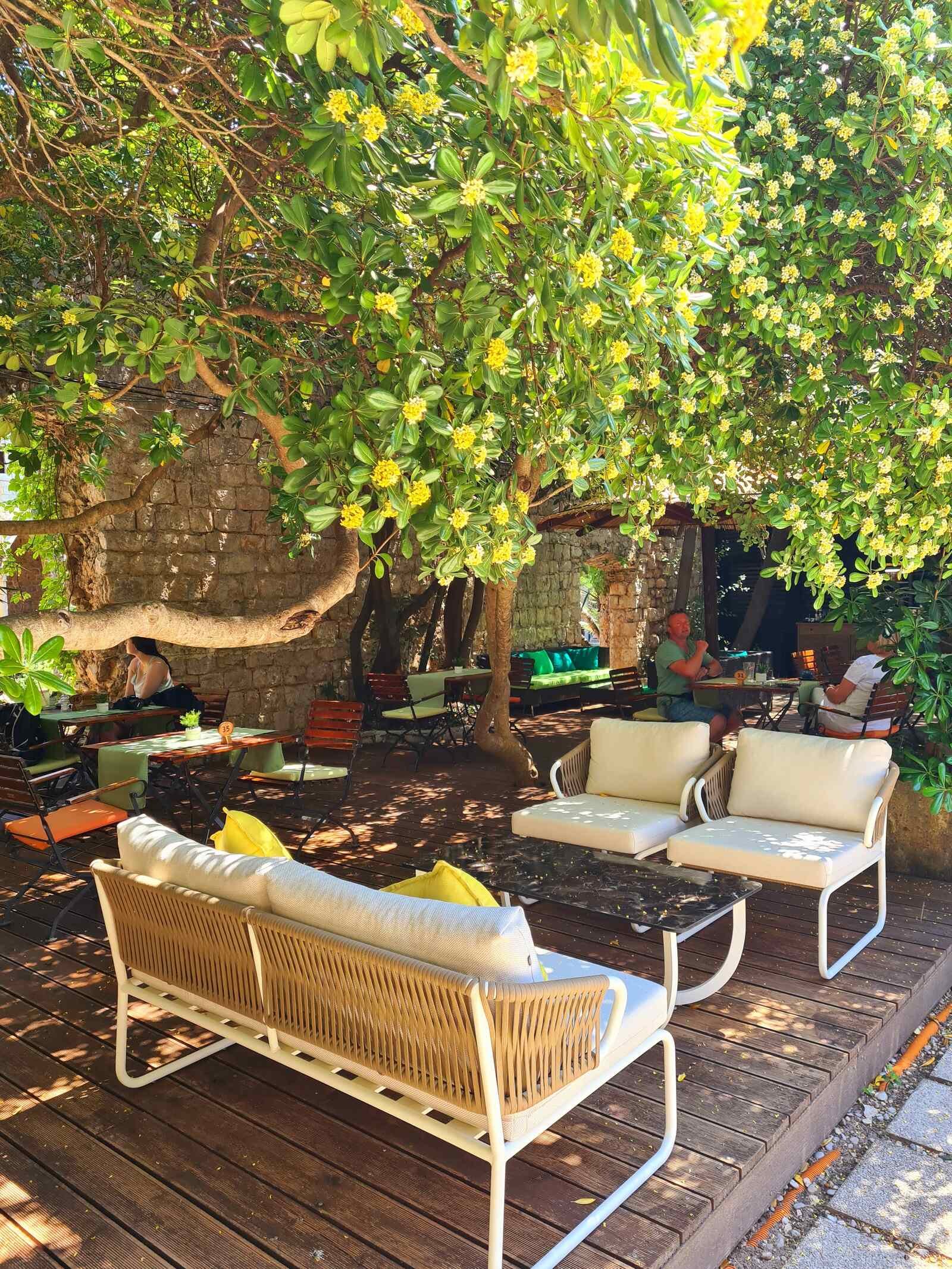 outdoor furniture on a deck underneath shady trees  at a Lokrum Island restaurant