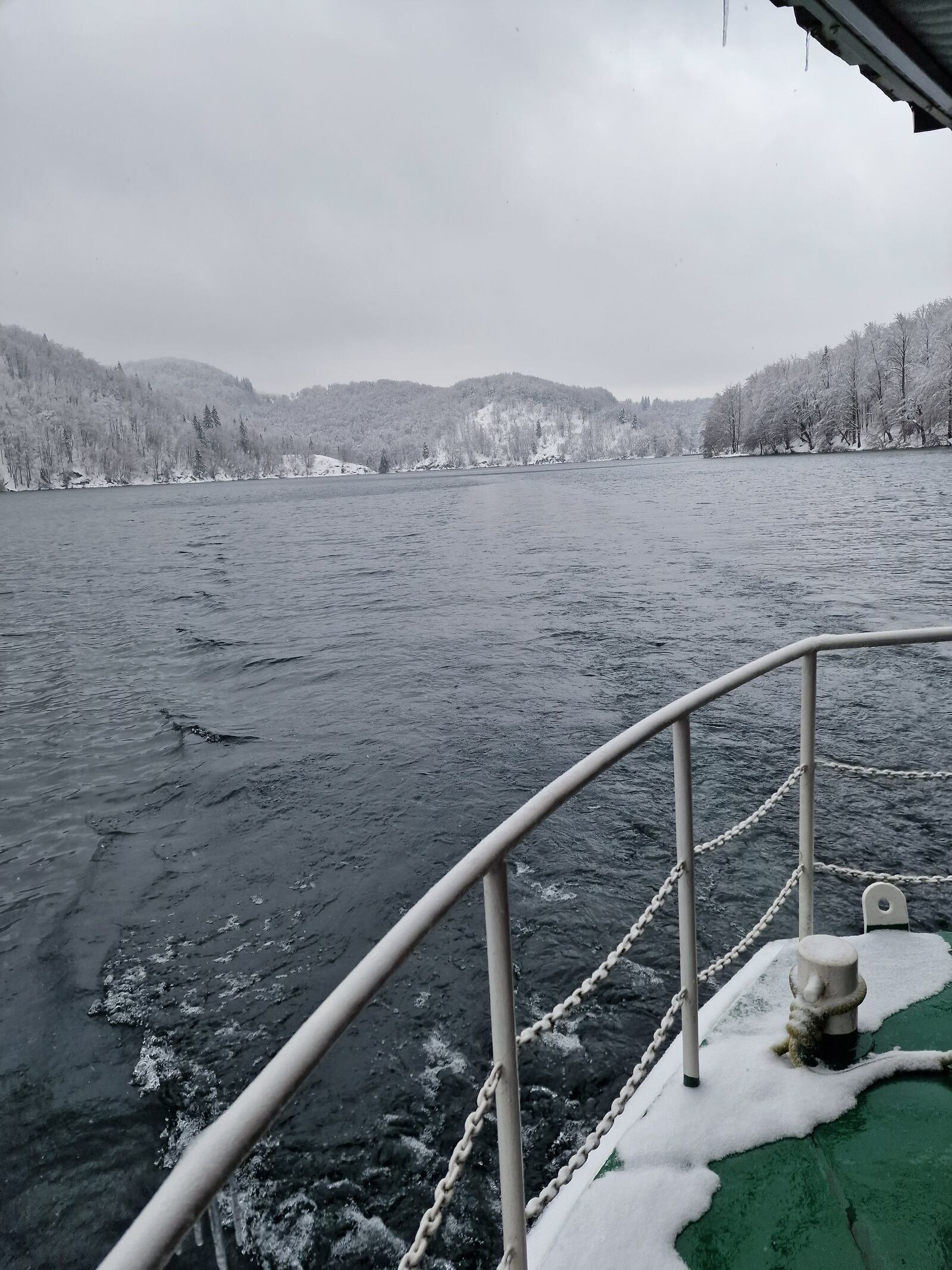 Looking out off the back of a boat with metal railings across a large lake with dark water and snow covered hills and trees along the edge of the lake