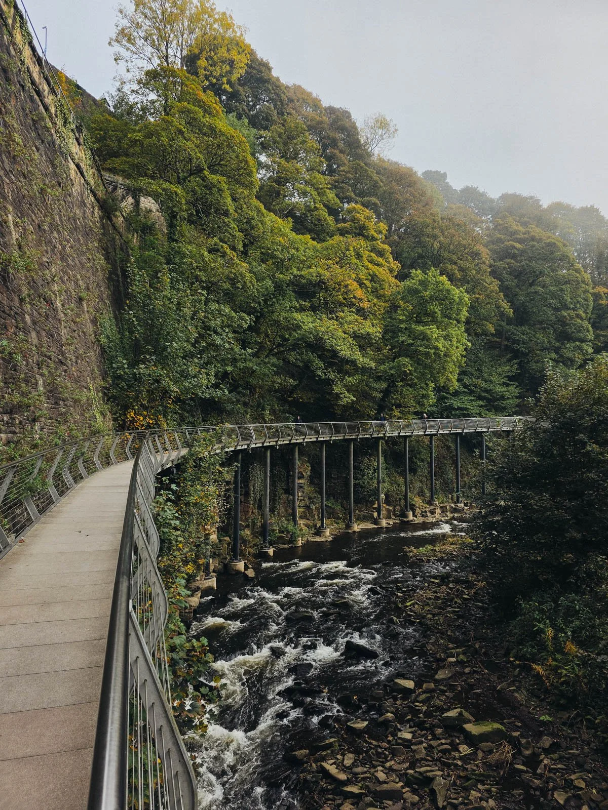 a metal elevated walkway curving away from the camera along the side of a deep wall with a river running through the gorge below. The walkway is on stilts based in the river with trees overhanging the walkway