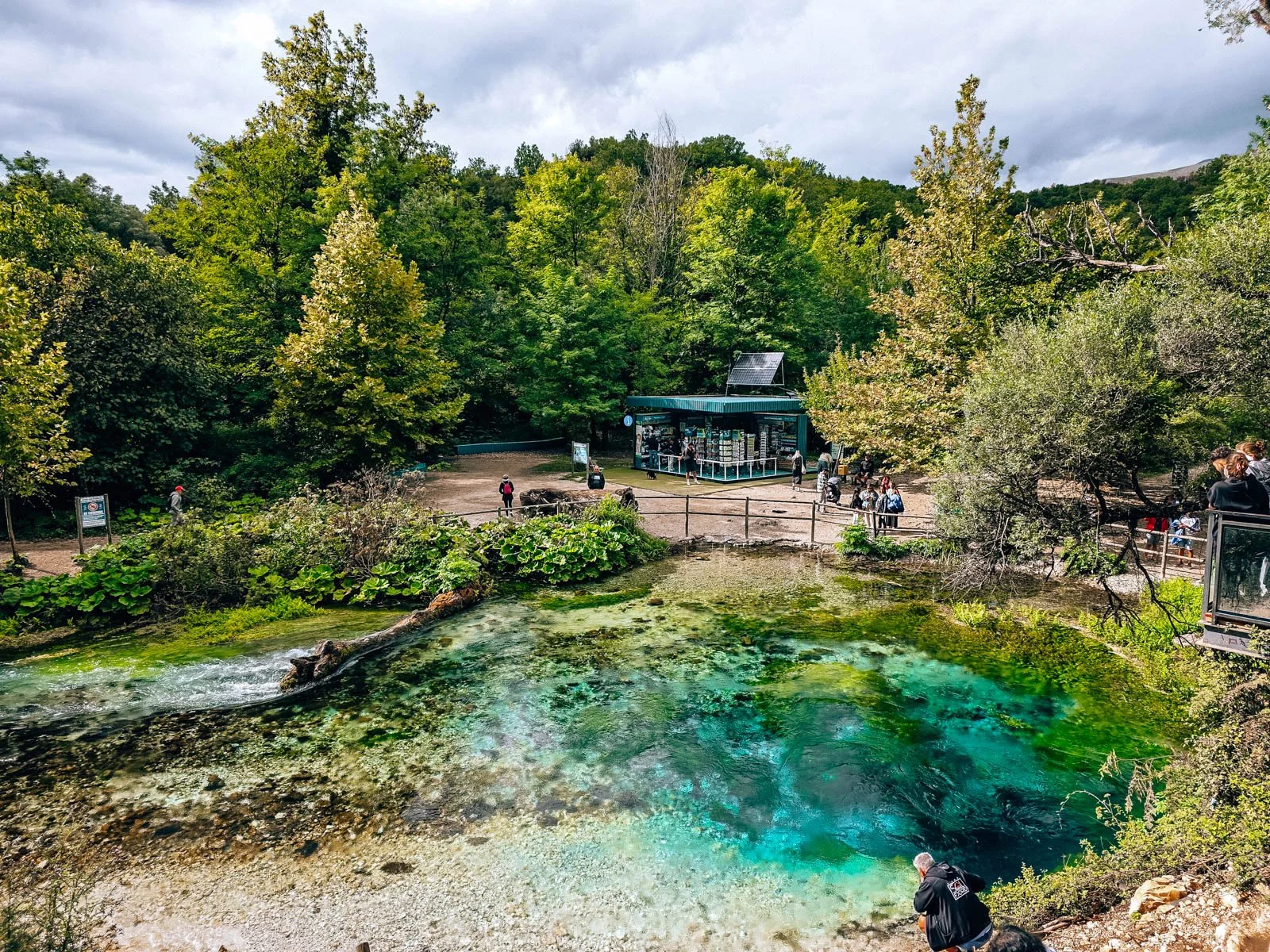 A natural pool of clear blue and green water surrounded by a path and trees
