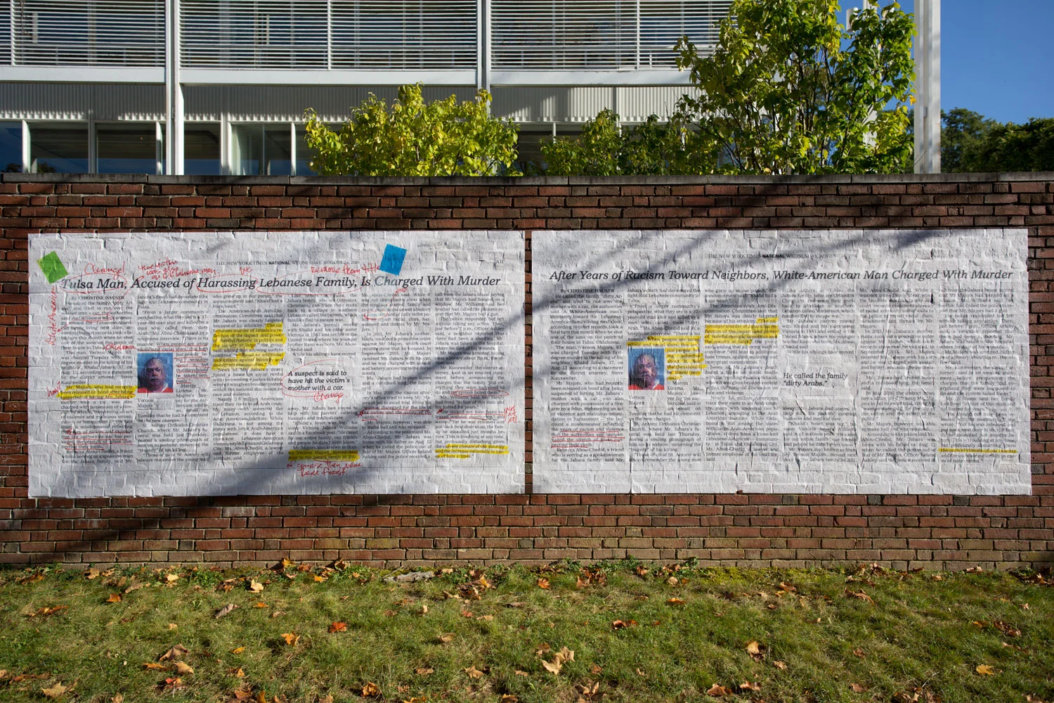 Alexandra Bell. Tulsa Hate Crime , 2017. Installation view, Crossett Library, Bennington College. Photo by Keegan Ead. Courtesy of Usdan Gallery at Bennington College.