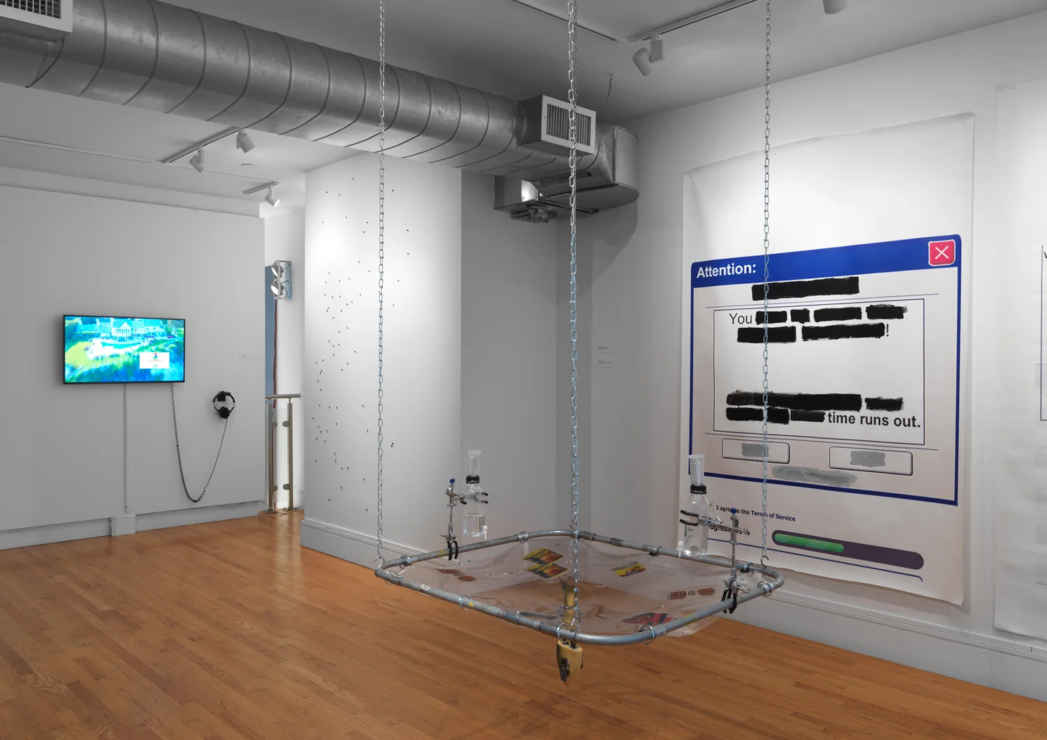 False Flag installation shot. Left to right: Daniel Keller, Violet Dennison, Son Kit, and Mark Flood. Credit: Object Studies.