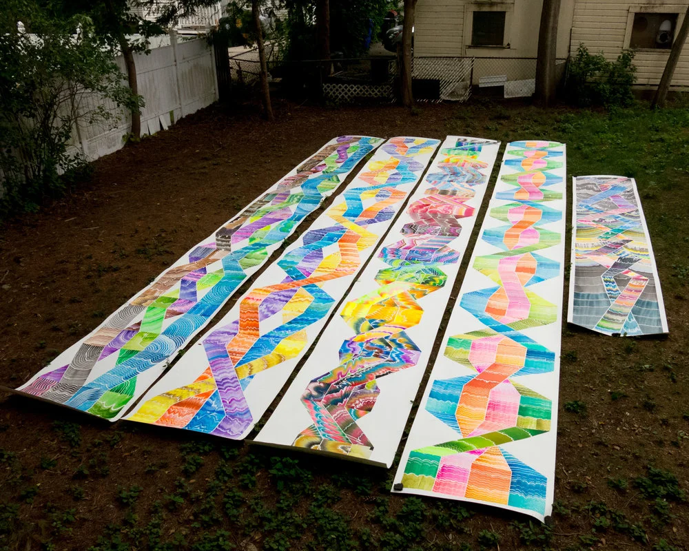 Jacquelyn Gleisner, Scrolls I, II, III, IV , and V, 2014-15. Ink, gouache on paper, 3.5 by 30 feet.