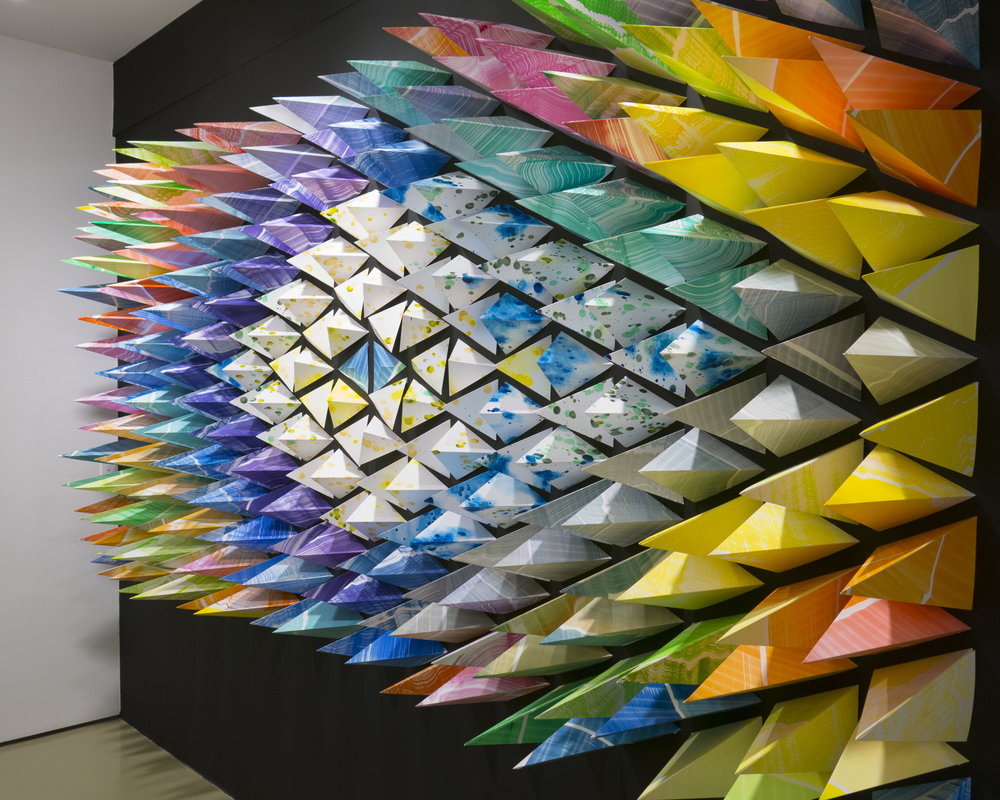 Jacquelyn Gleisner, Paper Over II, 2017. Paint on paper, stapled to the wall, approximately 11 feet across and 6 feet tall.