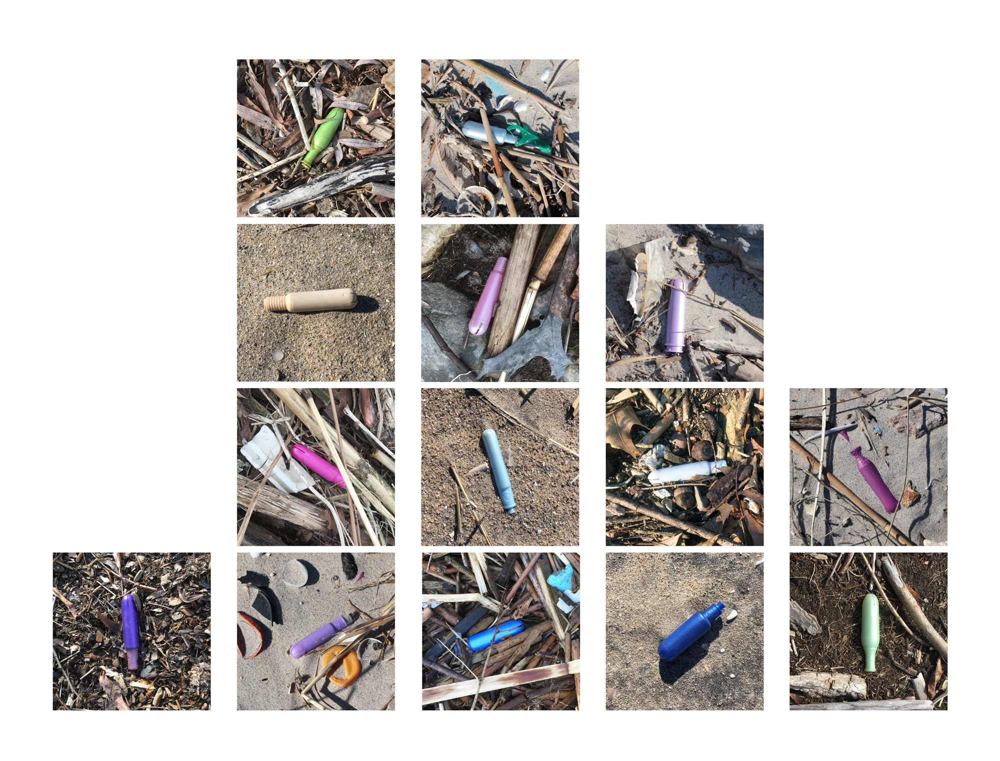 Caroline Byrne, Cycle (2019). Images from 2016-2019, tampon applicators found near waterways/sewage treatment overflow in Coney Island, NY, West Newbury, MA, and Ithaca, NY.
