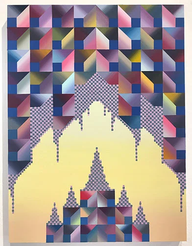 Rachel Hellerich, Ceremonial Light (2019). Acrylic and flashe on panel, 12 by 16 inches.
