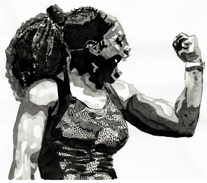 Danielle Schmitt, Serena Williams from the “Inspirational Women” series. Ink on paper. Courtesy of the Artist.