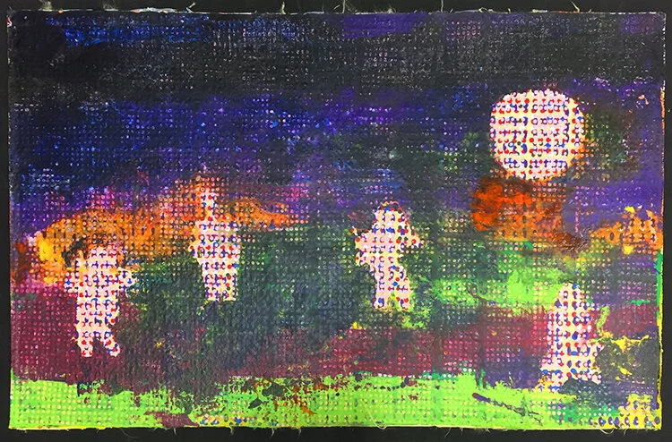 Jeff Ostergren, Vaporized (Breathe Freely), 2020. Juul mint e-liquid, Aricept, Aspirin, Claritin, Jolessa, Miralax, Oxycontin, Rozerem, Viagra, Zoloft, Purell hand sanitizer, Blackwater energy drink, pigment, and acrylic on Kevlar ballistic fabric m…