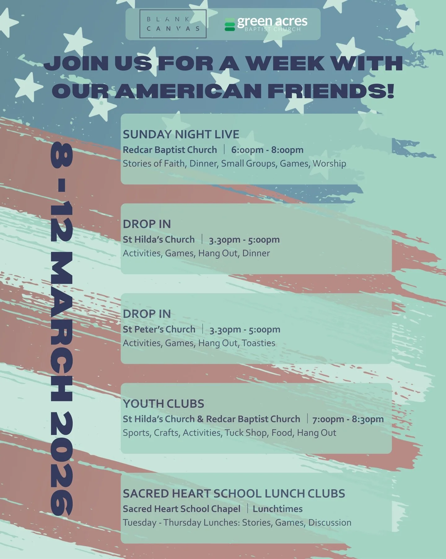 We&rsquo;re SO excited to be welcoming our American friends from @gabc_students 🇺🇸✈️✨

They&rsquo;ll be with us 8 - 12 March and we&rsquo;ve got loads happening that you can jump into to meet them, hang out and get involved! 🙌🎉

From youth sessio