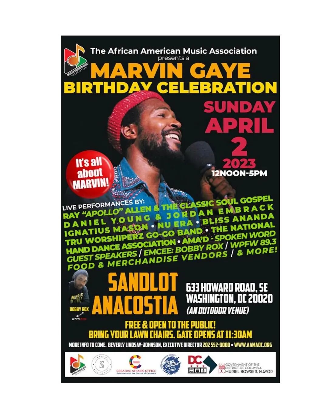 Greetings. 

Join us for a fun filled day 🎶 🍾celebrating one of my favorite artists of all times, Marvin Gaye! I am truly honored to be a part of this amazing organization presenting this historic event 🙏 See you tomorrow!