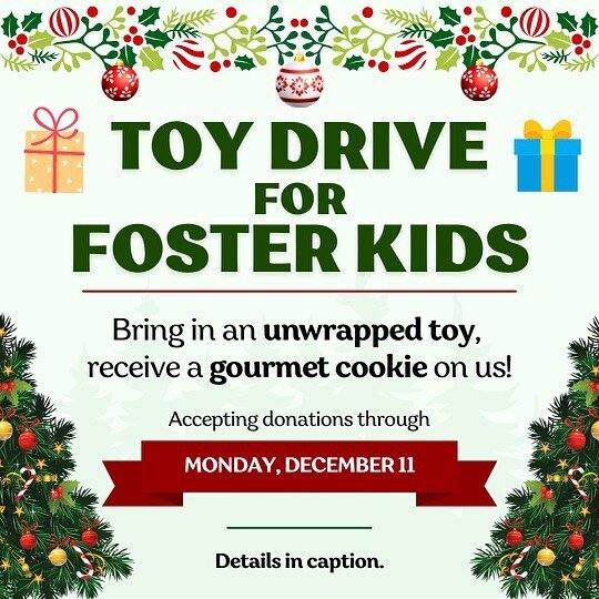 Help us share the wonders of Christmas with foster children and families!! 🎄🎁
Sponsored by the Youth &amp; Family program of Shasta County.

Bring in a new, unwrapped toy and get a free cookie! Share this post with a friend to spread the news!!

La