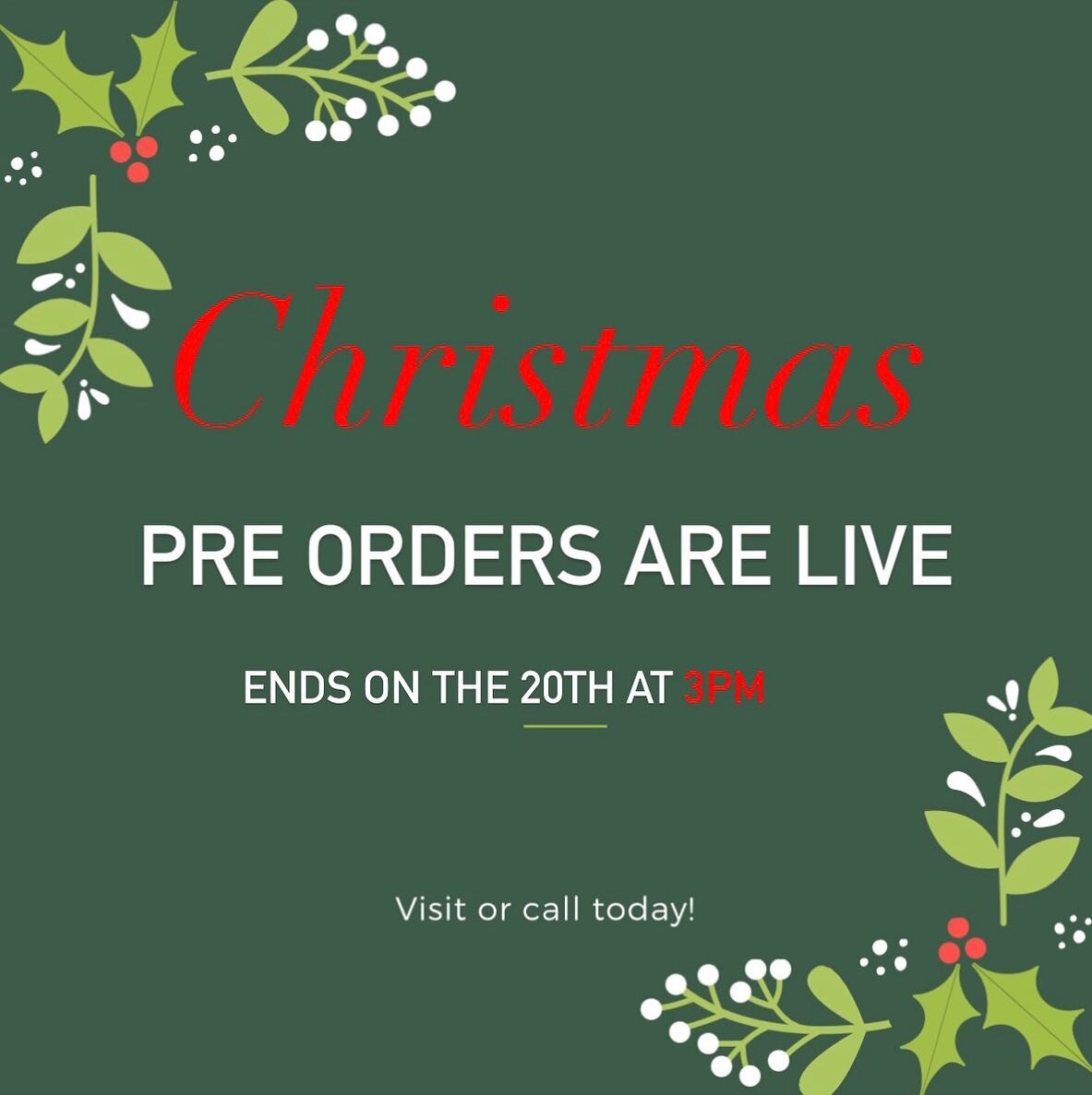 Christmas Pre Orders are open! Yay!🤗

Let us help you this holiday season by doing the baking for you. 🥰

Visit any location of your choice and 
order your pies, rolls, and stuffing mix today! 

We will be taking pre orders until the 20th at 3pm