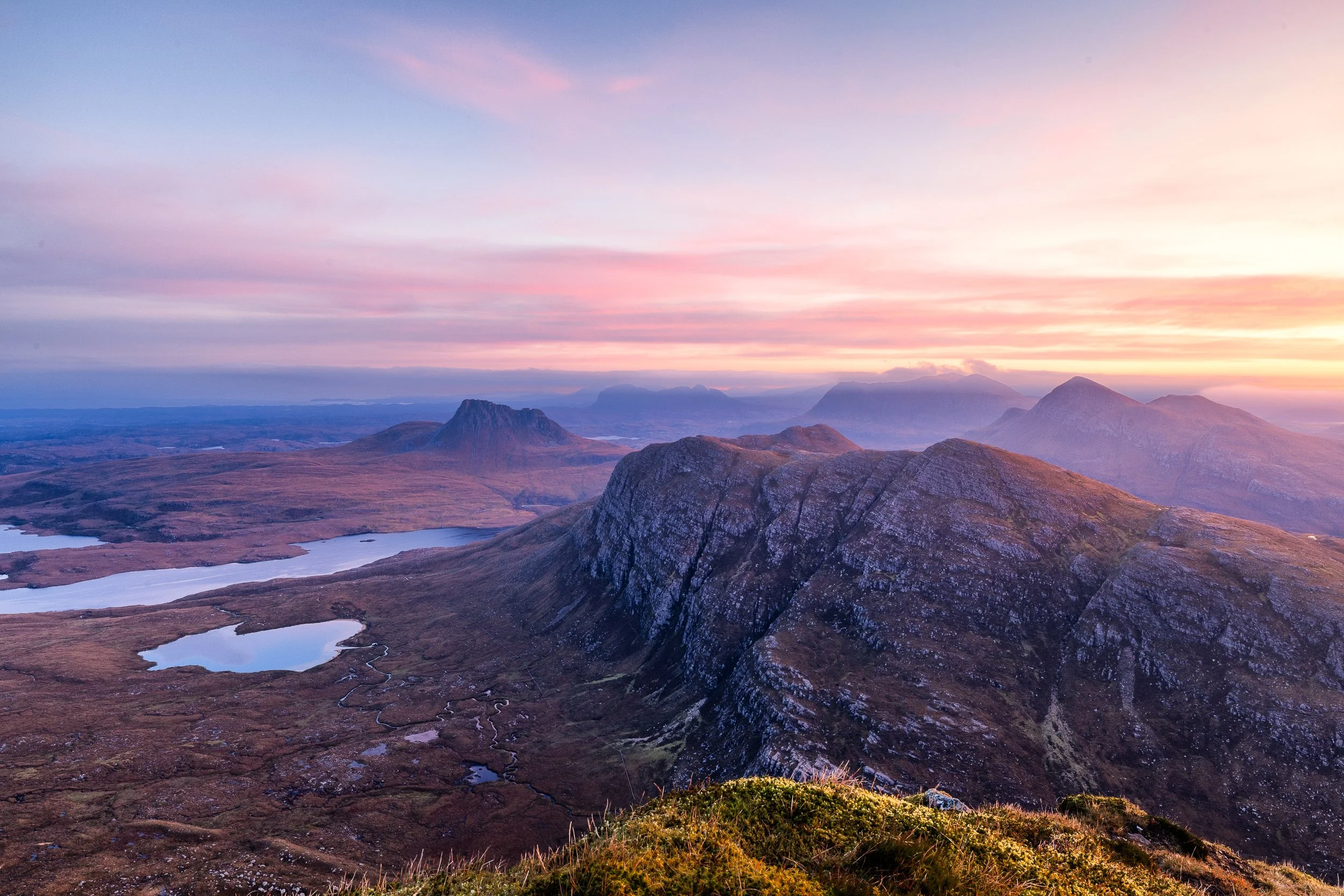 Sunrise in Assynt, Scotland towards the mountains