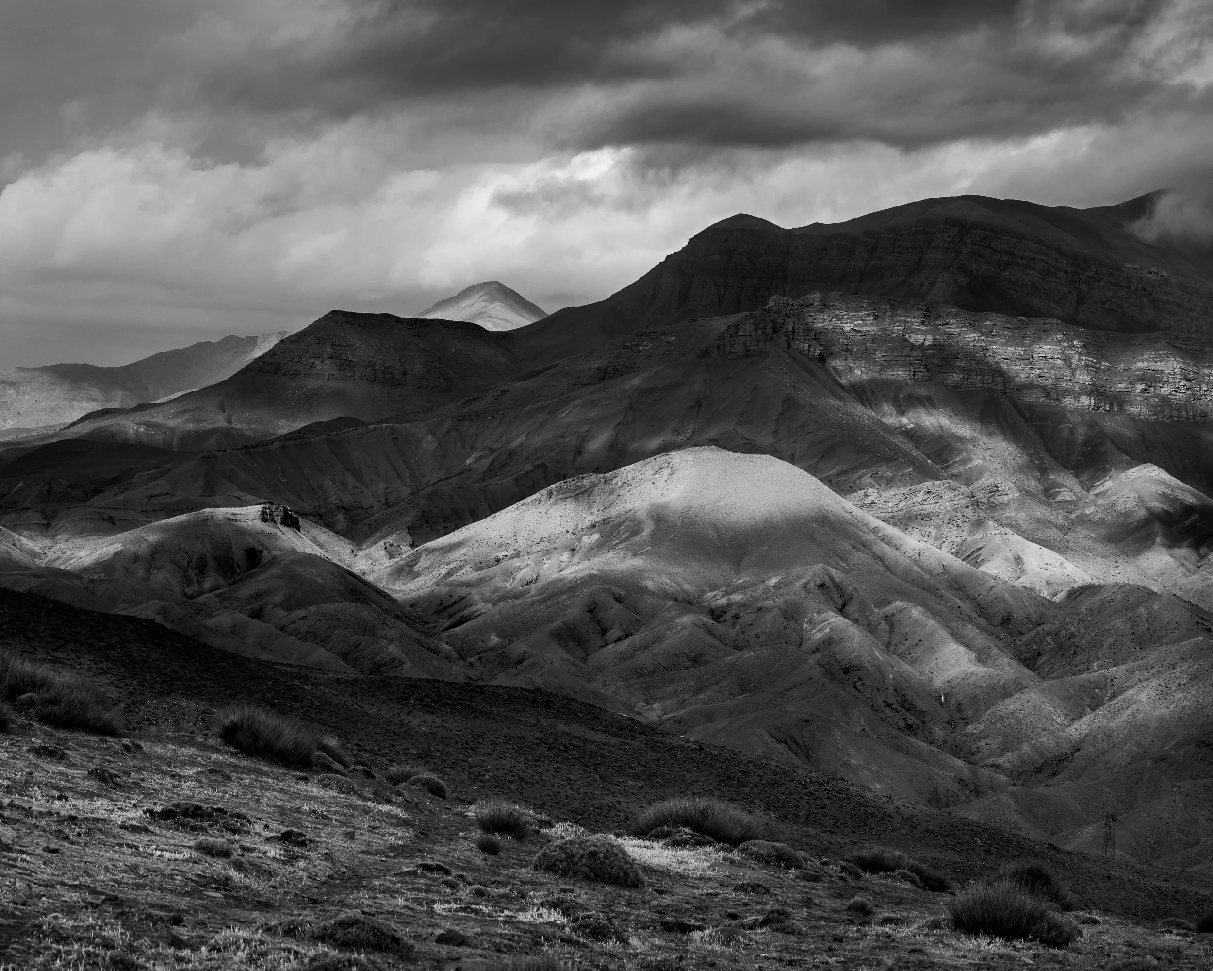 Black and White image of the High Atlas mountains, Morocco. Dramatic tones