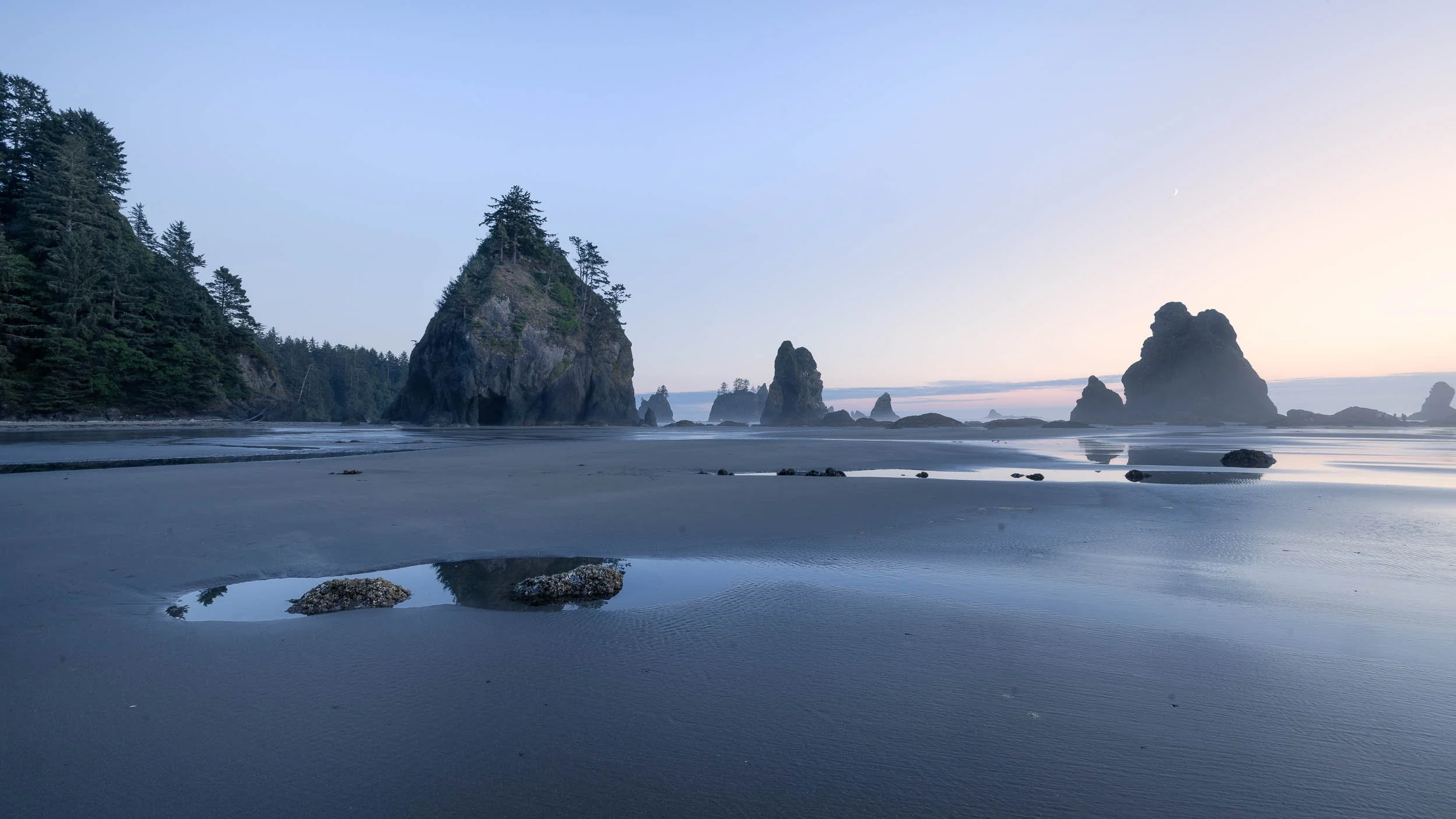 Sea stacks at Shi Shi beach after sunset in USA