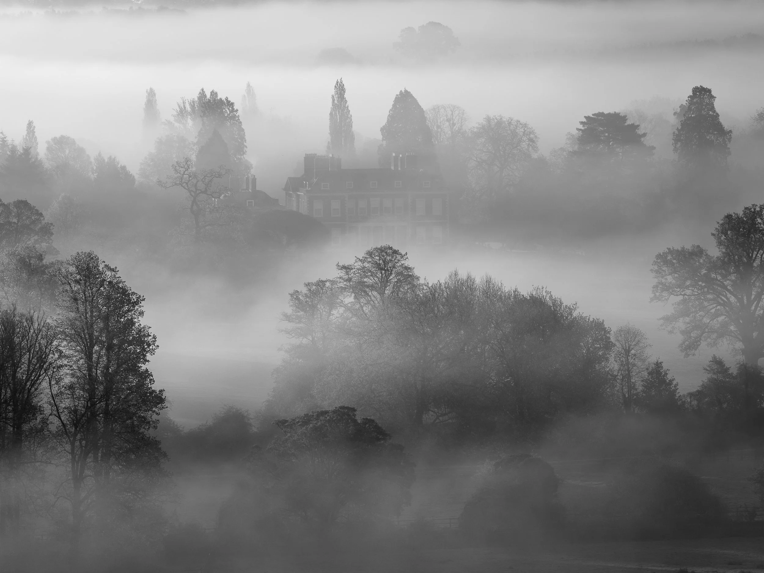 Black and white photography picture of misty valley as fine art wall art print
