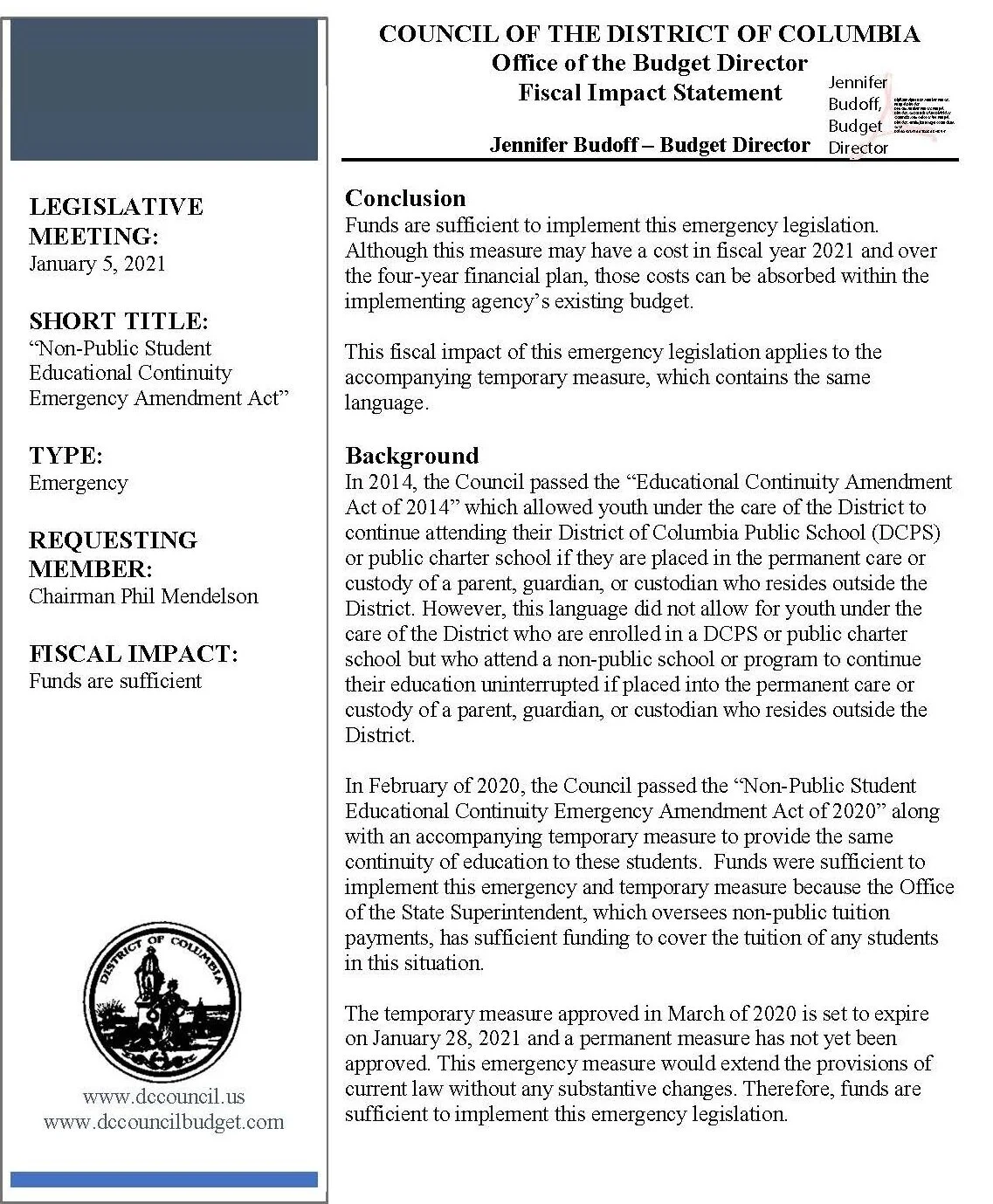 New Format for Fiscal Impact Statements Issued by the Office of the Budget Director