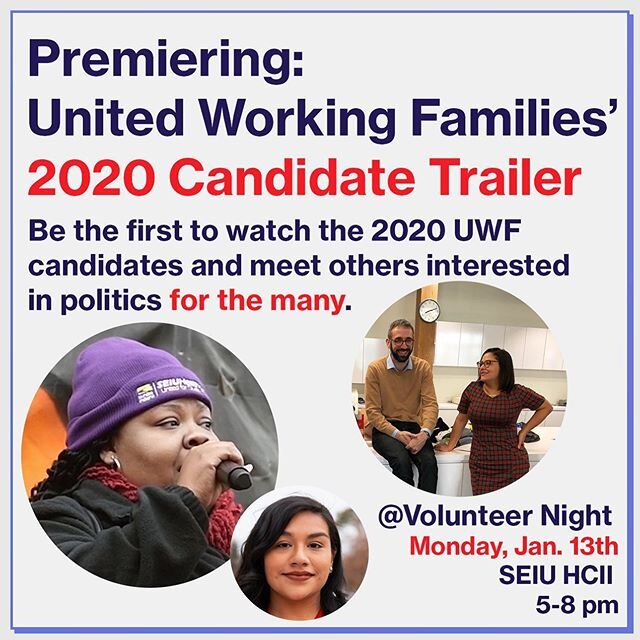 Come see who you support! This Monday at volunteer night, we will be premiering our candidate slate video! Come meet the amazing volunteers who fight for independent politics, and see our candidates make their case.

MONDAY 5-8pm @SEIU HCII