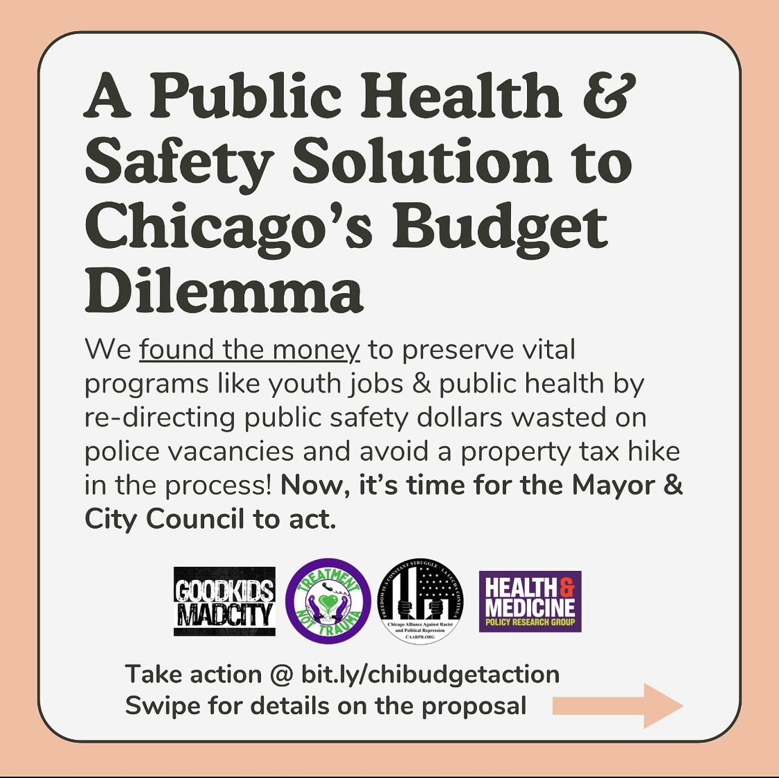 Fund our communities! Our budget must fund real violence prevention strategies and reduce inequity!

Chicago can reduce the money allocated to longstanding unfilled police officer positions&mdash;170 million&mdash;and instead use those funds to prese