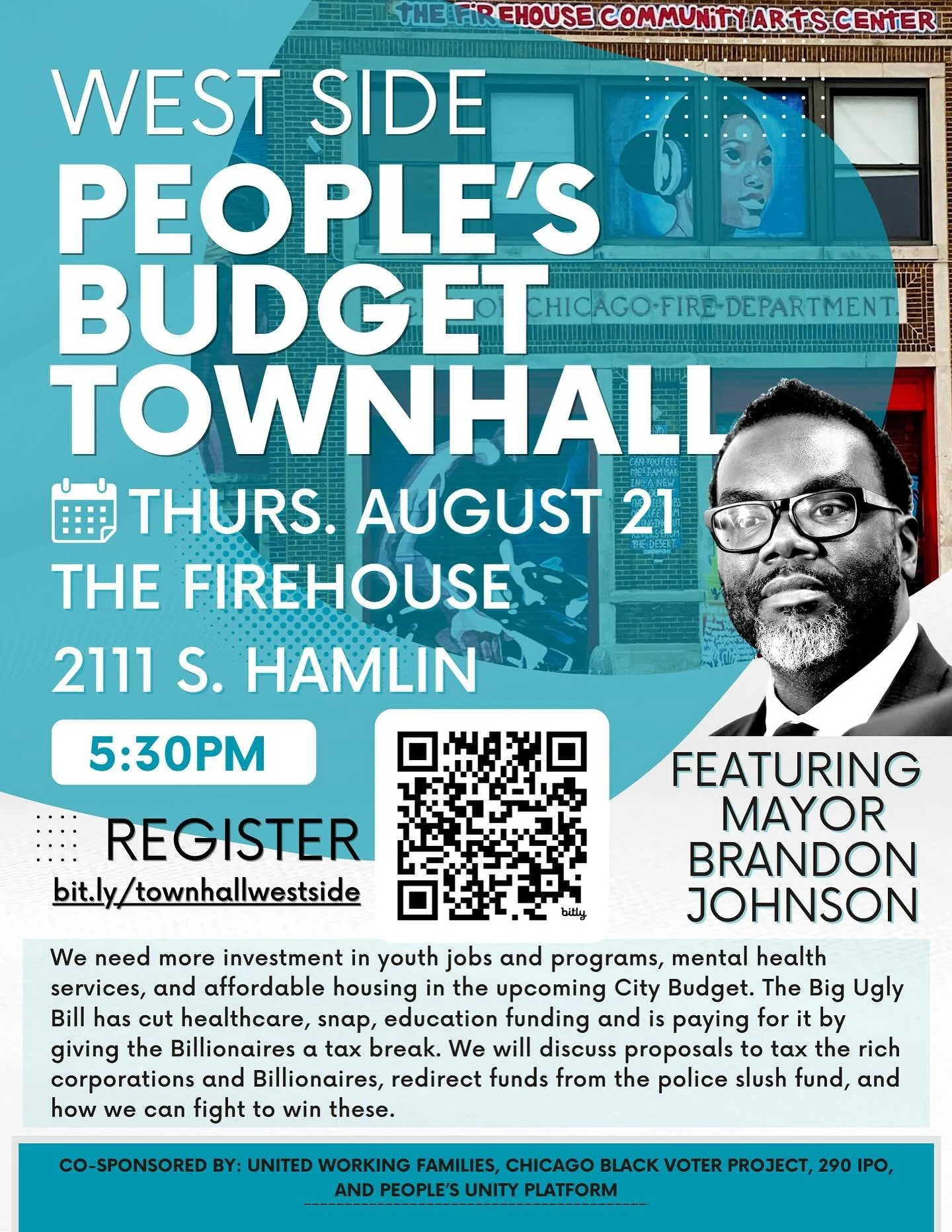 Want a City budget that taxes Billionaires and corporations to pay for what our communities deserve? Ready to redirect police slush funds into proven public health and safety services? 

Join UWF, Chicago Black Voter Project, 290 IPO, and Mayor Brand