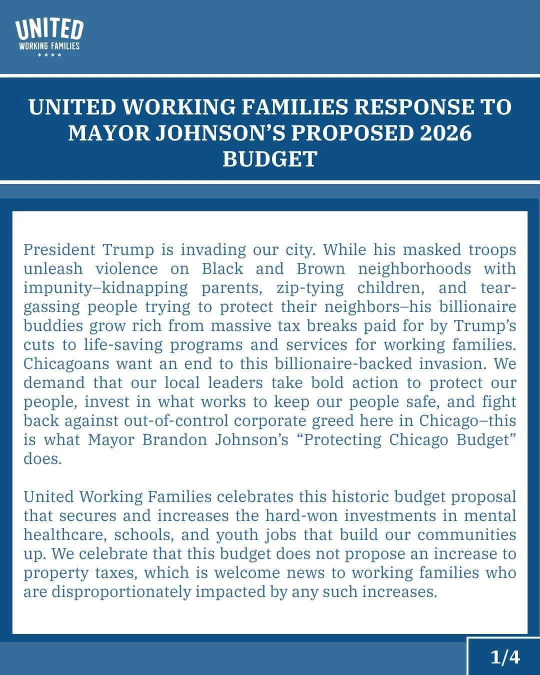 Statement on Mayor Brandon Johnson's &quot;Protecting Chicago Budget&quot; proposal from the UWF Executive Committee.

We celebrate Mayor Brandon Johnson's proposed budget that fights back against unchecked corporate greed to protect and expand hard-