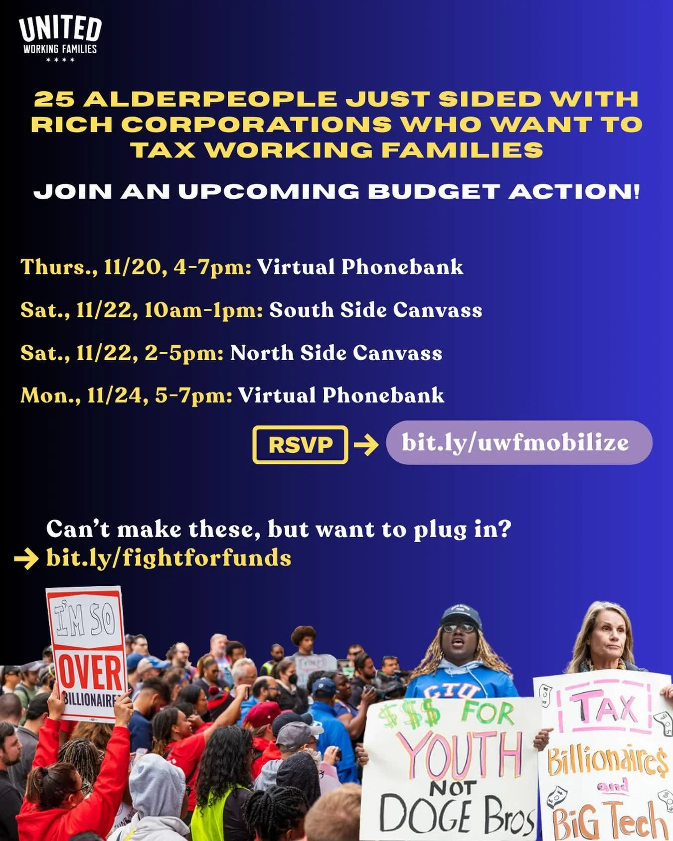 Tax the rich corporations to fund mental healthcare &amp; community safety! Billionaires may have organized money, but we have organized people. 

Join us for a phonebank or canvass to pass a city budget that refuses to balance the books on the backs