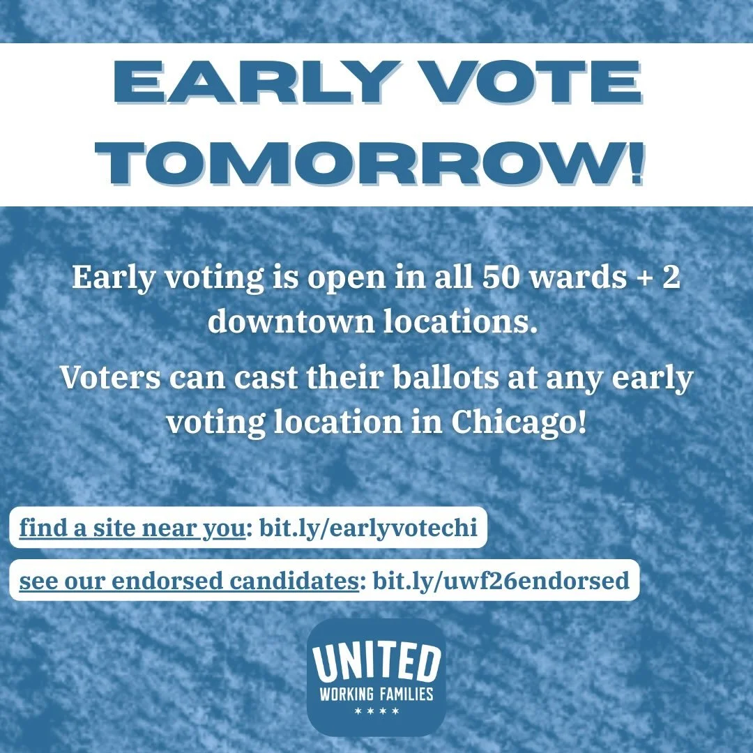 Vote early tomorrow! Sites are open in all 50 wards + 2 downtown locations. Voters can cast their ballots at ANY early voting site (even on Election Day!)

Sunday Early Voting hours: 10am-4pm
Monday Early Voting hours (ward sites): 9am-6pm
Monday Ear