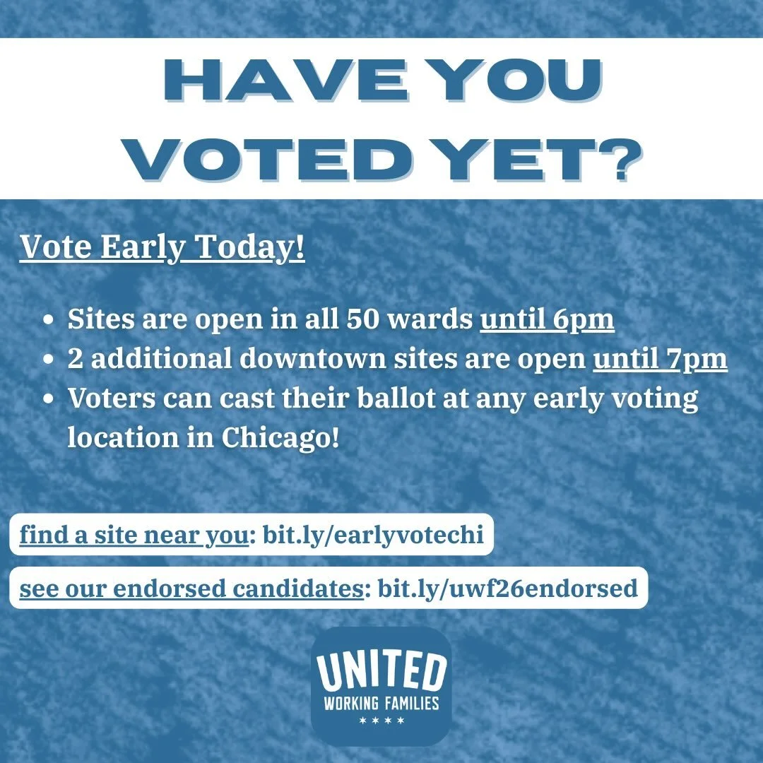Get out the vote! 🗳️ Early Voting is open at 50 ward sites today, 3/16, from 9am to 6pm, and 2 downtown sites 9am to 7pm! 

Chicago voters can cast their ballots at any Early Voting location! 

✅ Find a site near you: bit.ly/earlyvotechi

See our UW
