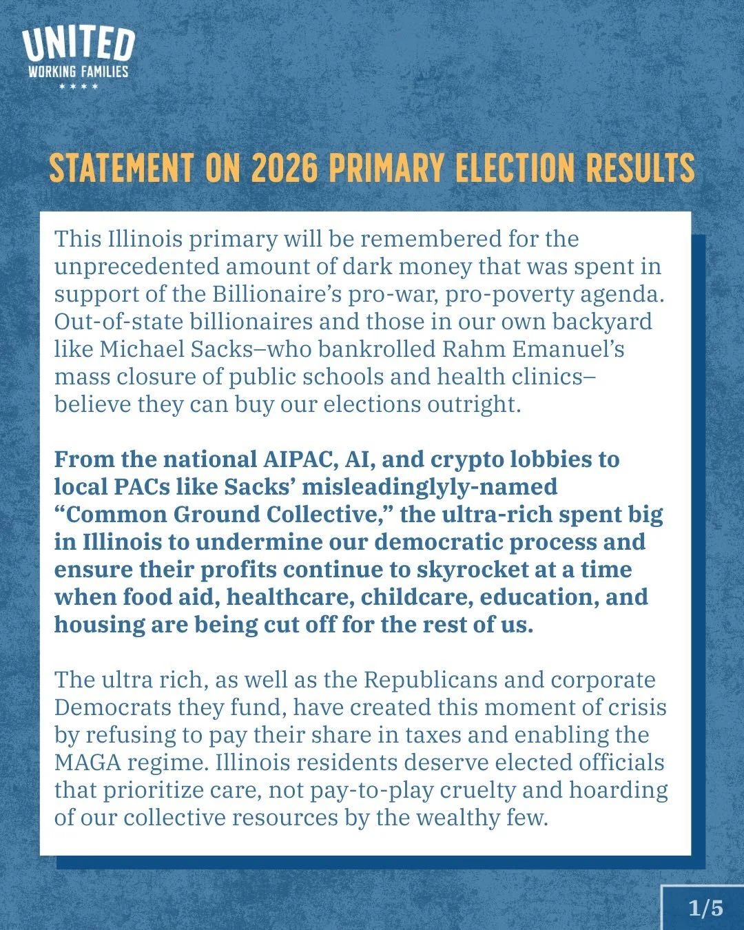 Statement from the UWF Executive Committee on the Illinois primary results. 

We celebrate our endorsed candidates who won their elections, and look forward to partnering with them to win the transformative investments our Black, Brown, and working c