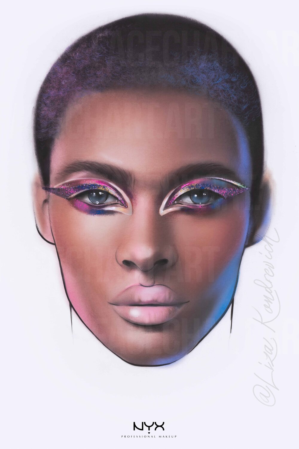 Dark skin ton face chart with male facial features and graphic or glue-on eye liner. By Liza Kondrevich